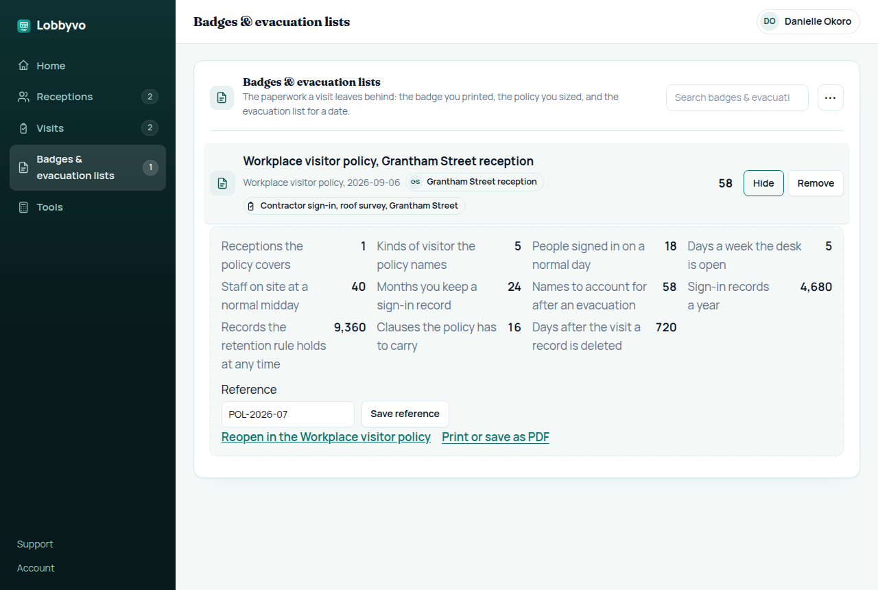 The Lobbyvo Pro documents tab with a sized workplace visitor policy open, showing 58 names on the evacuation list, 4,680 sign-in records a year and 16 policy clauses for the Grantham Street reception